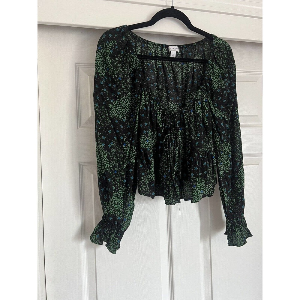 NWOT Topshop Crop Blouse Ling Sleeve Black/Green Size 6 US Stars, Green